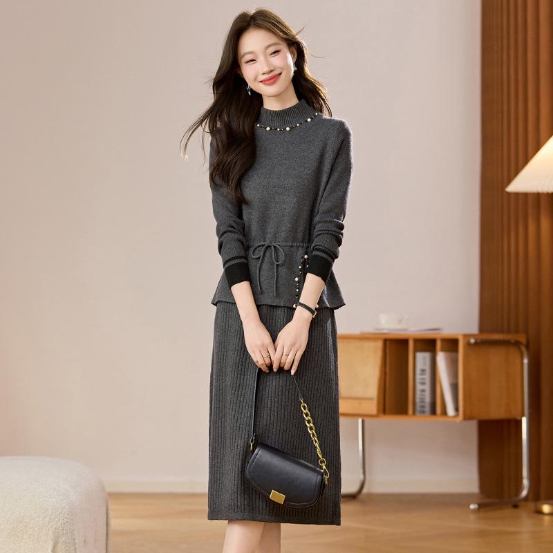 2026 Beaded Knit Sweater Dress - Women's Mid-Length Autumn Winter Solid Color Vest Dress