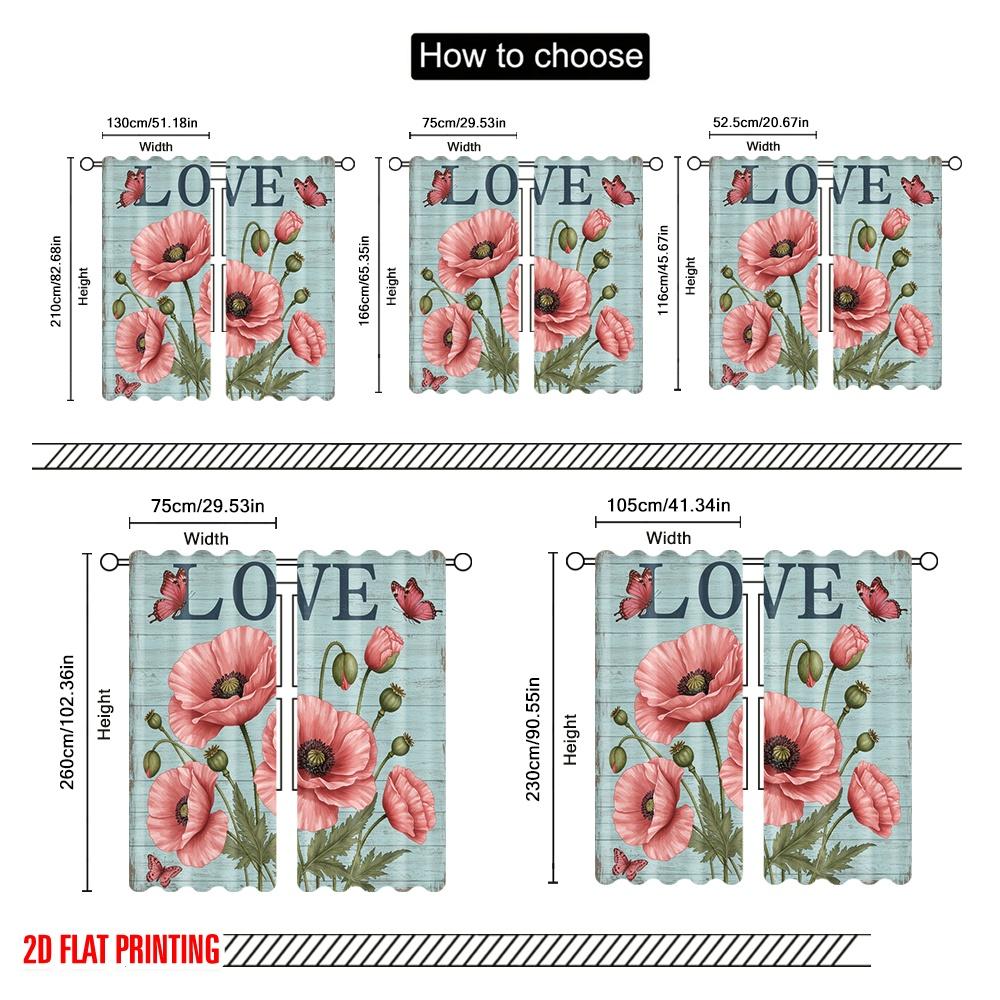 2pcs 2D flat printing Curtain Vintage Poppy Butterflies Love Wall 100% Polyester Without Electricity Festive Wall Decor Perfect