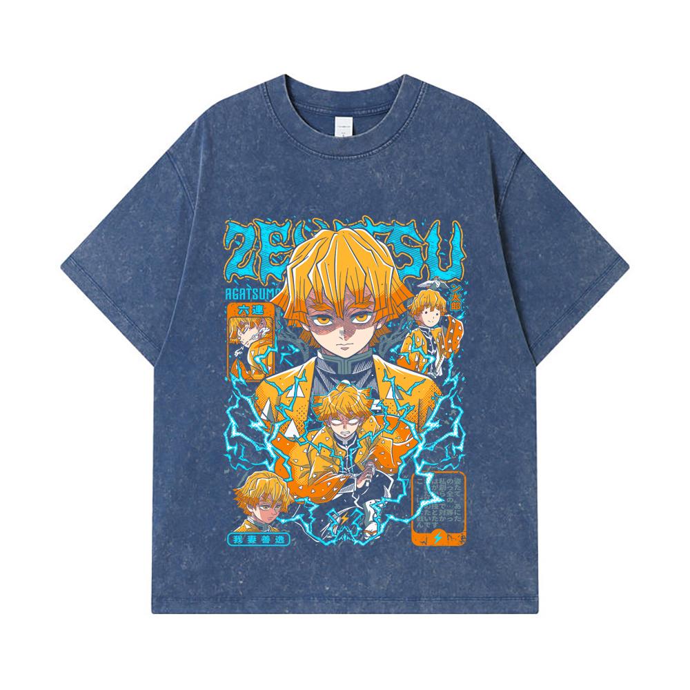 275 GSM Washed T-shirts 100% Cotton Demon Slayer V100 Zenitsu Print Unisex Heavy Cotton T Shirt