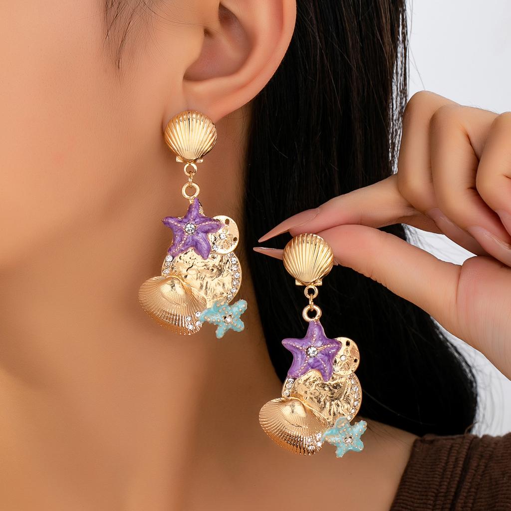 Summer New Fashionable Colorful Oil-dropping Starfish Shell Earrings Are Suitable for Women's Daily Beach Vacation Wear