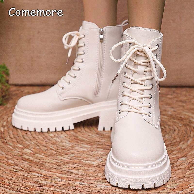 Fashion Women's Winter Warm Short Plush Ankle Boots Comfy Pu Leather High Heels Botas Mujer Fashion Lace Up Zip Platform Modern Boots