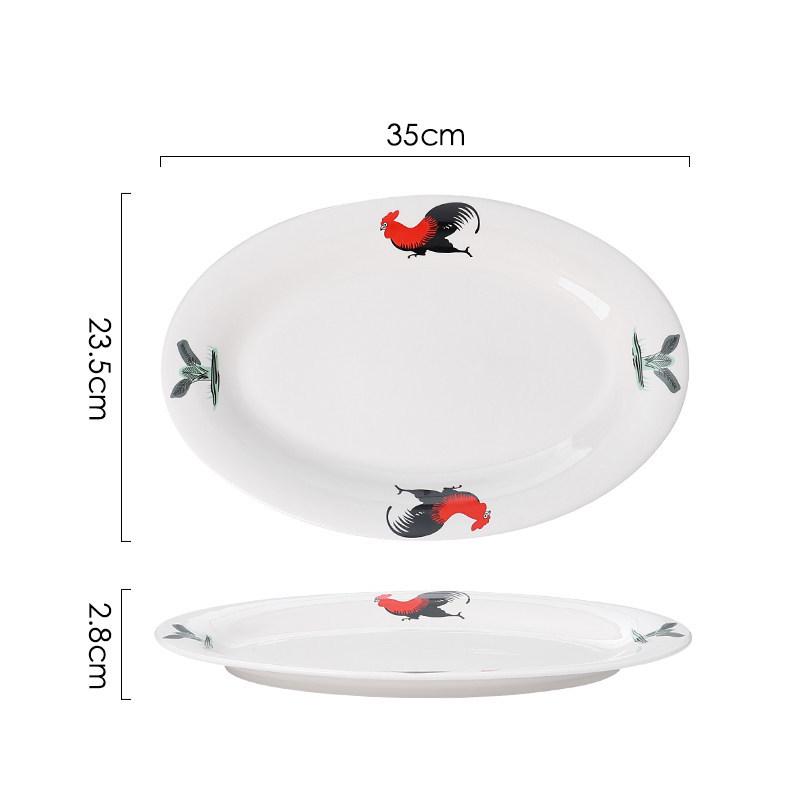 Ceramic Retro Rooster Oval Fish Serving Plate for Microwave & Hotel Use