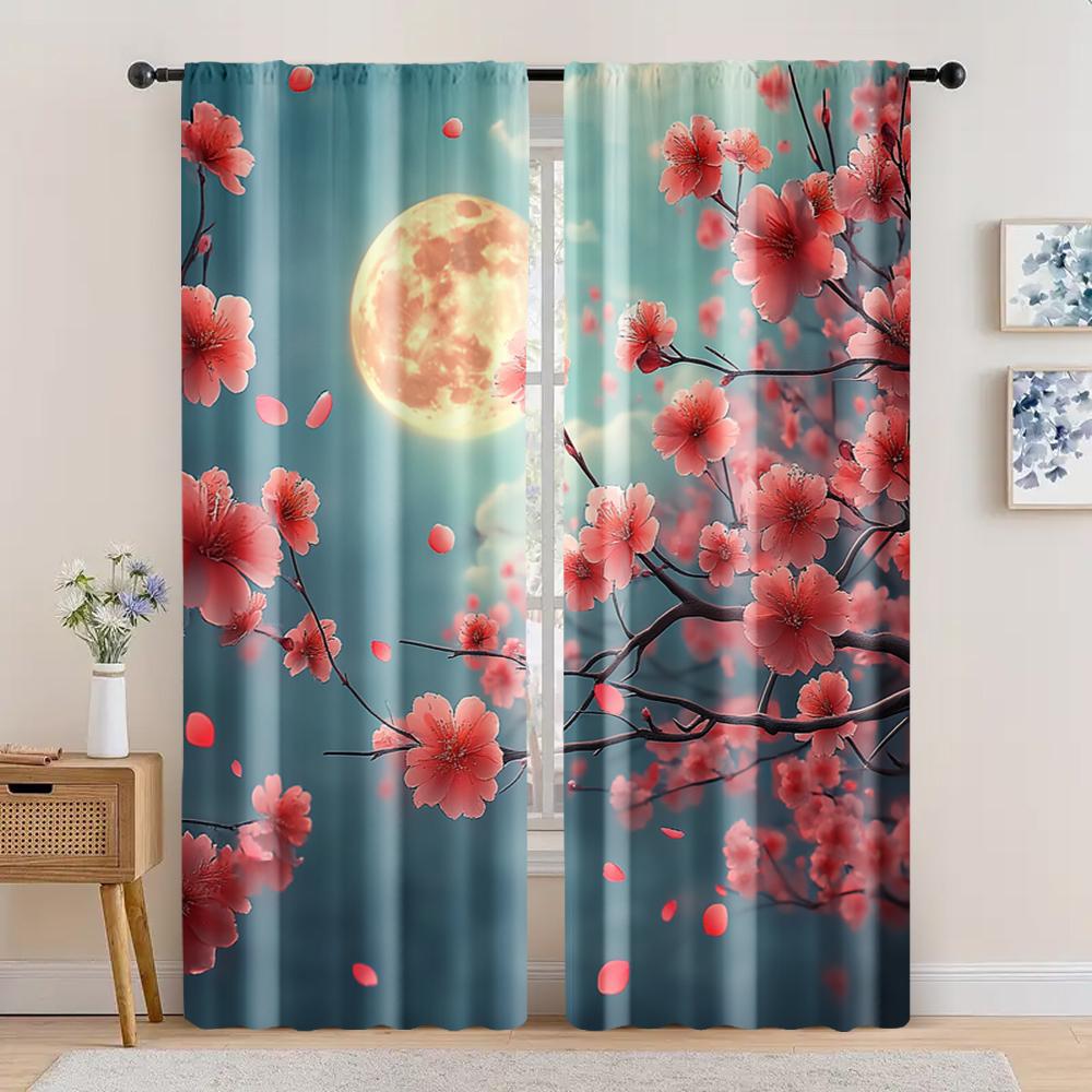 2pc, Party Curtains Cherry tree blue sky sun petals Machine Washable Polyester,Without Electricity Party Decorations Use for