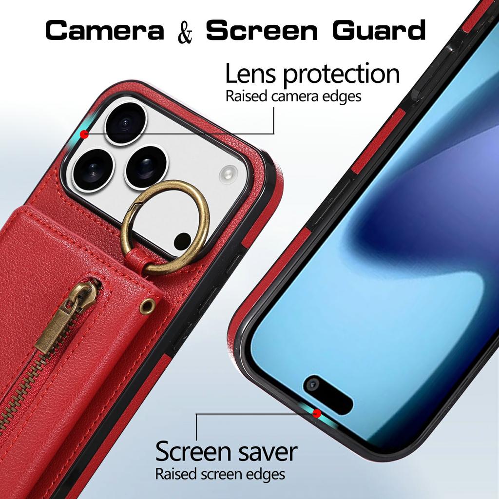 For iPhone 17 Pro Leather Back Cover Zipper Wallet Kickstand Phone Case with Shoulder Strap