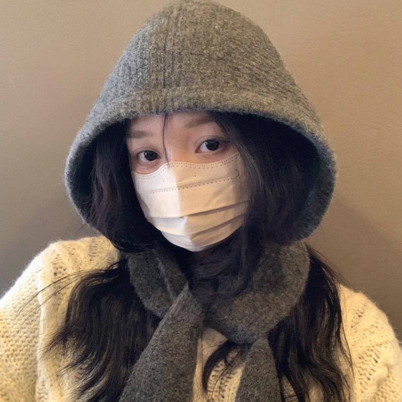Big Head Waist Balaclava Hat Women's Autumn and Winter New Knitted Hoodie Neck Integrated Warm Ear Protection Knitted Hat