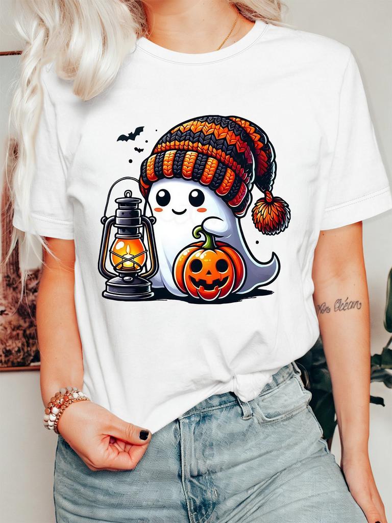 Halloween Ghost Womens T Shirt Knit Beanie Hat Lantern Pumpkin Bat Graphic Print Short Sleeve O Neck Casual Fall Party Tops