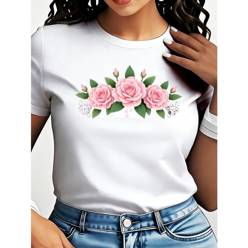 European Sizes Floral Rose Print T-Shirt for Women, Perfect for Casual Summer Wear. This Black Top Features Vibrant Flowers And a Trendy Design