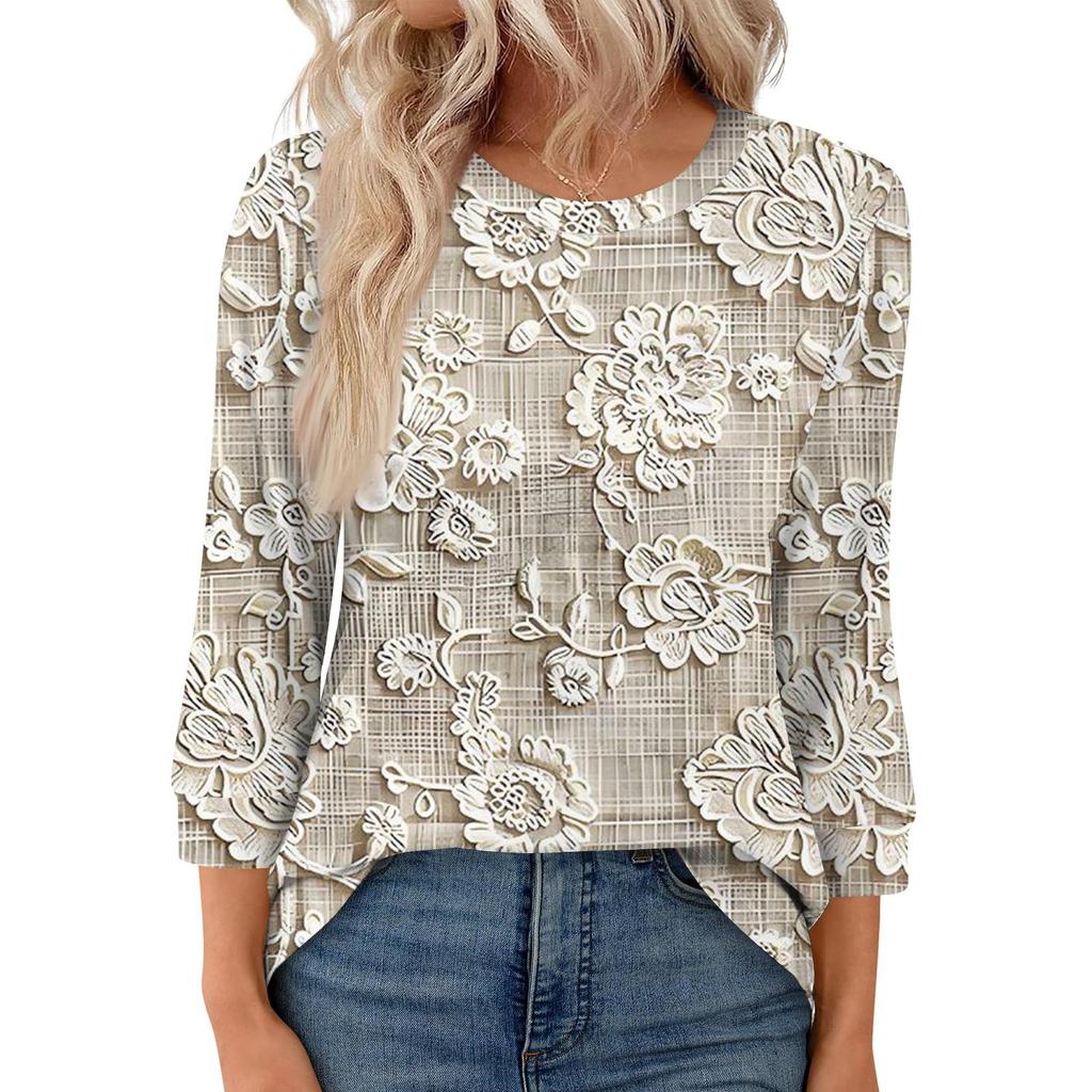 Women's Fashion Casual Round Neck 3/4 Sleeve Loose  Printed T-Shirt Ladies Top