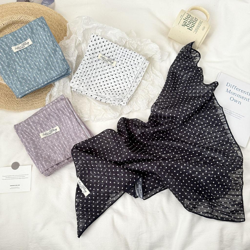 French White Polka Dot Headscarf Silk Scarf Female Cute Sweet And Playful High-End Small Square Scarf Idyllic Retro Versatile