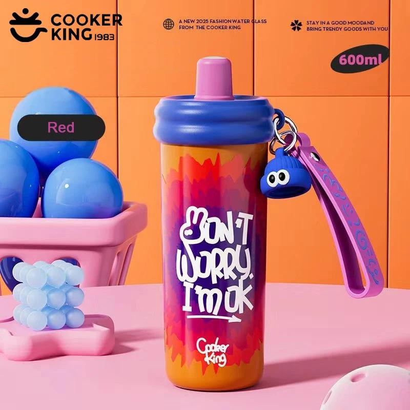 COOKER KING Sports Thermos Cup Stainless Steel Water Cup Colorful Patterns Insulated Water Bottle with Straw Hot & Cold Flask