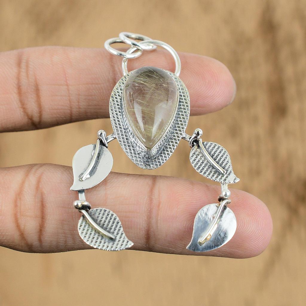 Natural Golden Rutile Gemstone Jewelry 925 Sterling Silver Pendant For Girls