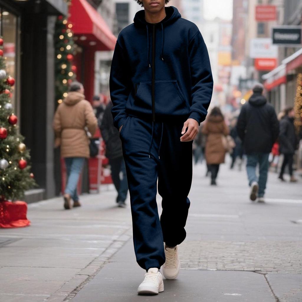 Fleece-lined Hooded Men's Tracksuits, Zipper Drawstring Women's Sports Suit, Solid Color Sporty Two-piece Set