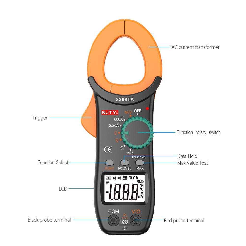 NJTY Digital Clamp Meter 2000 Counts Auto Range Multimeter with NCV Test AC DC Voltage Portable Handheld Multimeter LCD