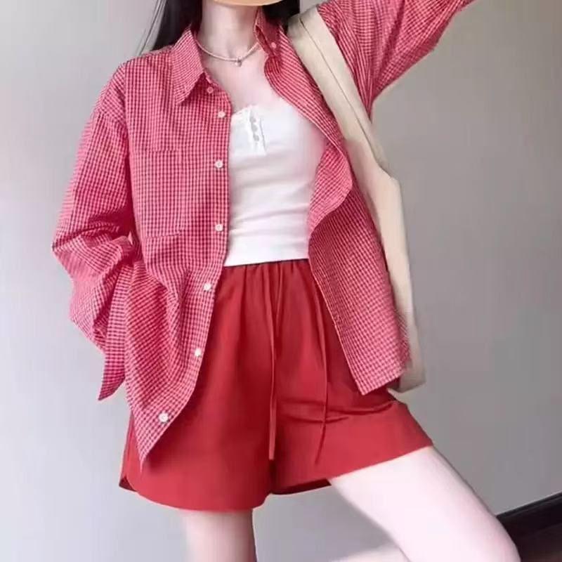 Red Women's Long Sleeve Plaid Cardigan – Spring 2025 Sun Protection Shirt & Coat