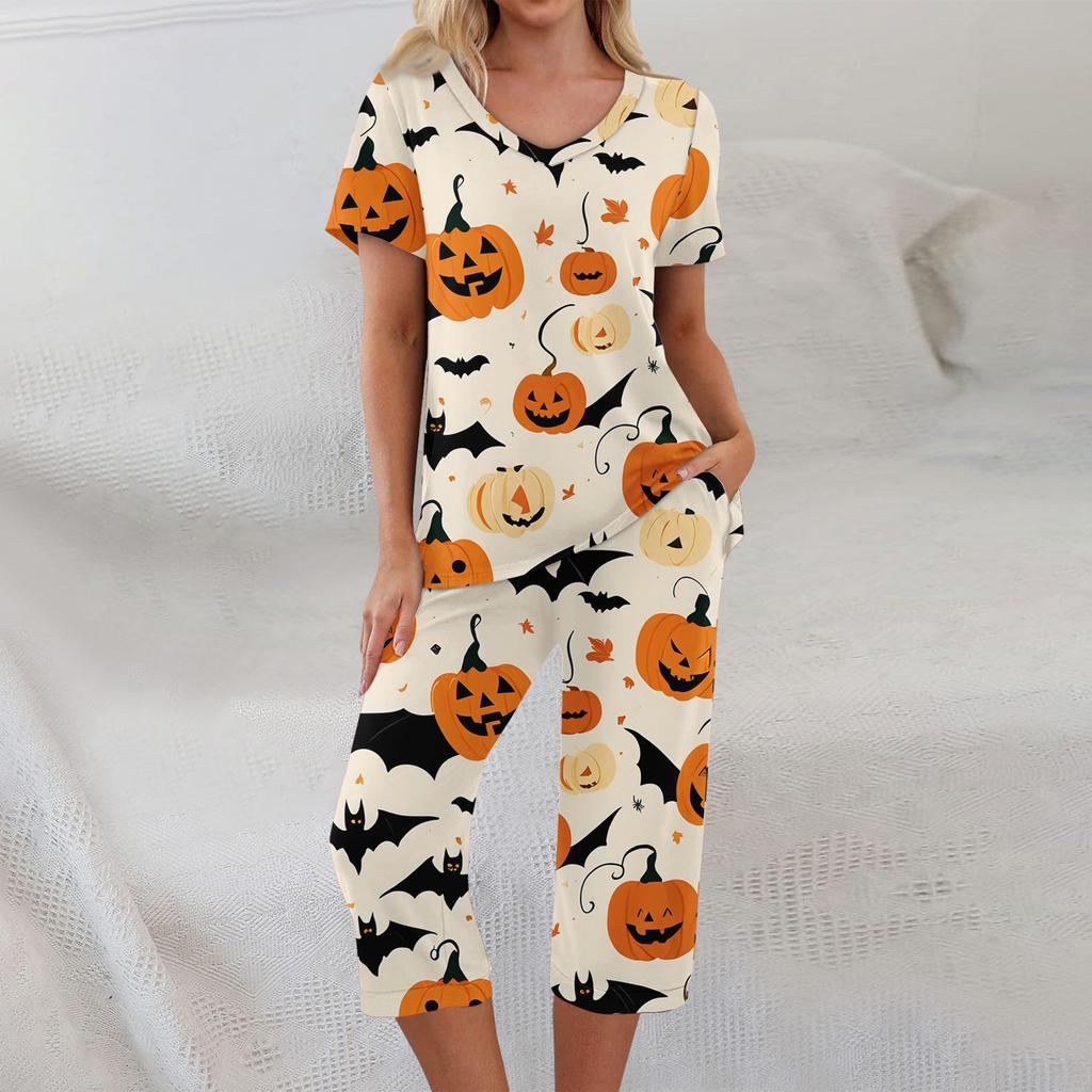 Conjuntos de 2 piezas para mujer Top de manga corta y pantalones con bolsillos Conjuntos suaves de entrenamiento con estampado de Halloween