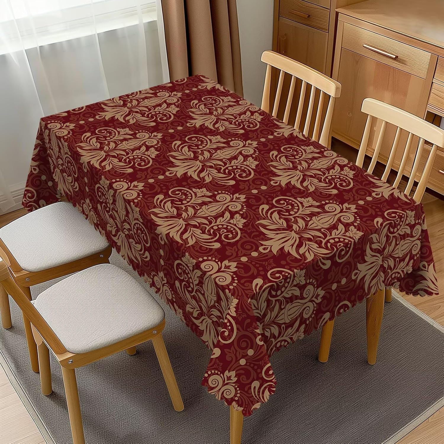 Nappe Imperméable Florale Damas Rouge de Luxe Décor de Table Réutilisable Nappe de Table de Cuisine de Ferme Décor de Fête de Fête 140x140cm