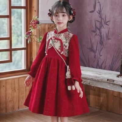 "2024 Girls' Velvet Long-Sleeve Cheongsam - Red Chinese New Year Dress"