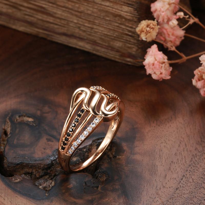 Black Natural Zircon Wave Ring  Rose Gold Hollow Flower Ethnic Wedding Rings For Women Beach Party Vintage Jewelry