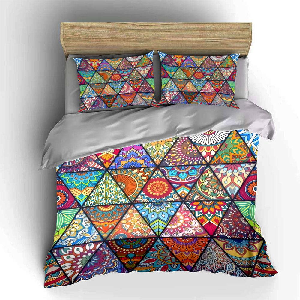 Colorful Mandala Triangle Art Decor Soft Skin-Friendly Bedding Set Includes 1 Duvet Cover And 2 Pillowcase Gift
