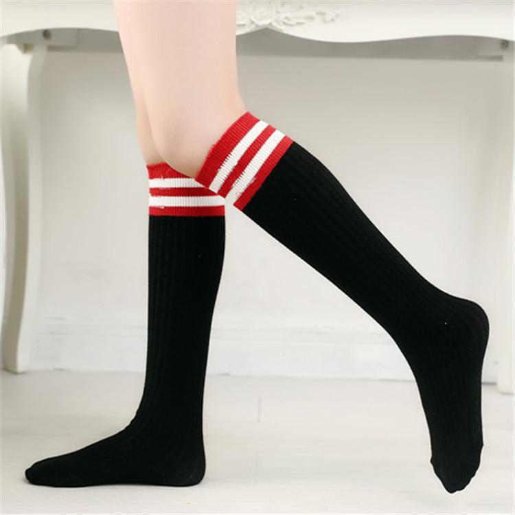 Children's Striped Cotton Sports Mid-Calf Socks, Spring & Autumn, Two-Bar Design, Basketball Style