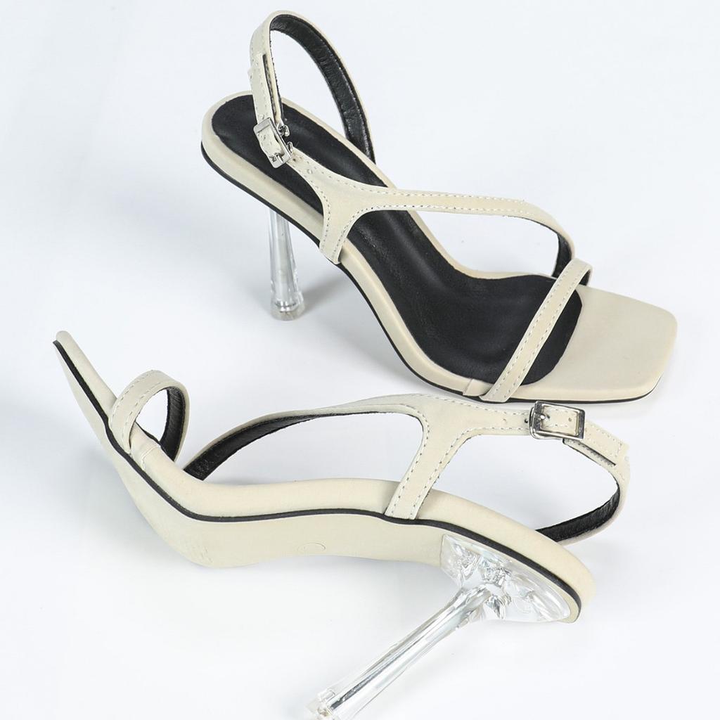 Fashion Square Toe Transparent 9CM Crystal Heel Strappy High Heel Large Size Sandals