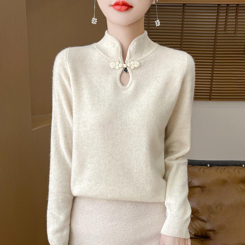 National Style Collar Disc Button Long Sleeve Knitted Bottoming Sweater Women's Slim Inner  Sweater