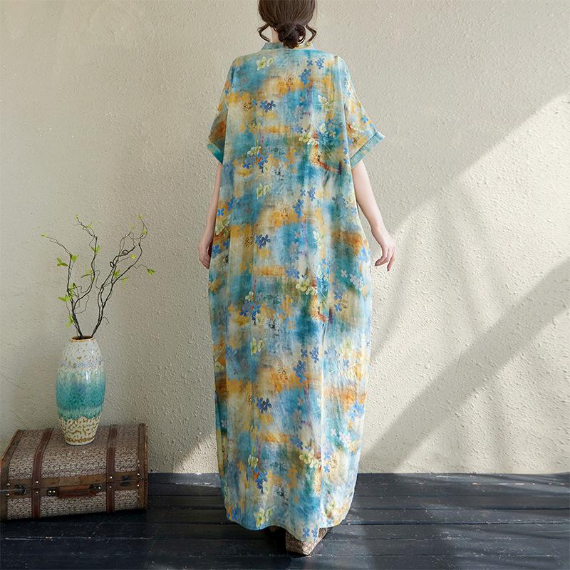 Summer Loose Women's V-neck Cotton Linen Beach Dress