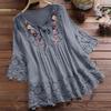 Summer Elegant Holiday Blouse Women Casual Loose Top Cotton Linen Stitching Lace Flower V Neck Solid Tops Shirt