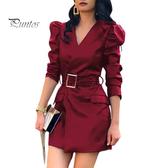 

Весеннее женское платье с V-образным вырезом, поясом на талии, гладкая искусственная кожа, длинные рукава-фонарики, однотонное мини-платье для офиса и шопинга XL вино красного