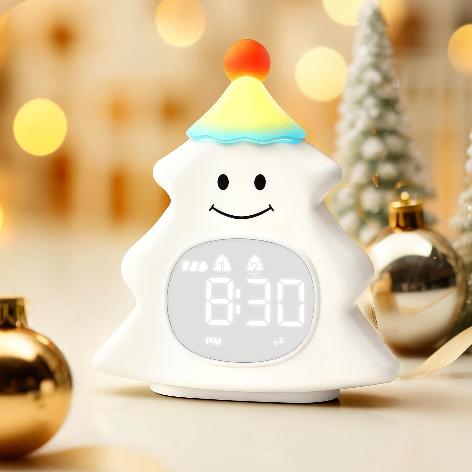 

Cute White Christmas Tree Night Light Sleep Training Light Alarm Clock Rechargeable Silicone Safe For Boys and Girls Bedrooms &