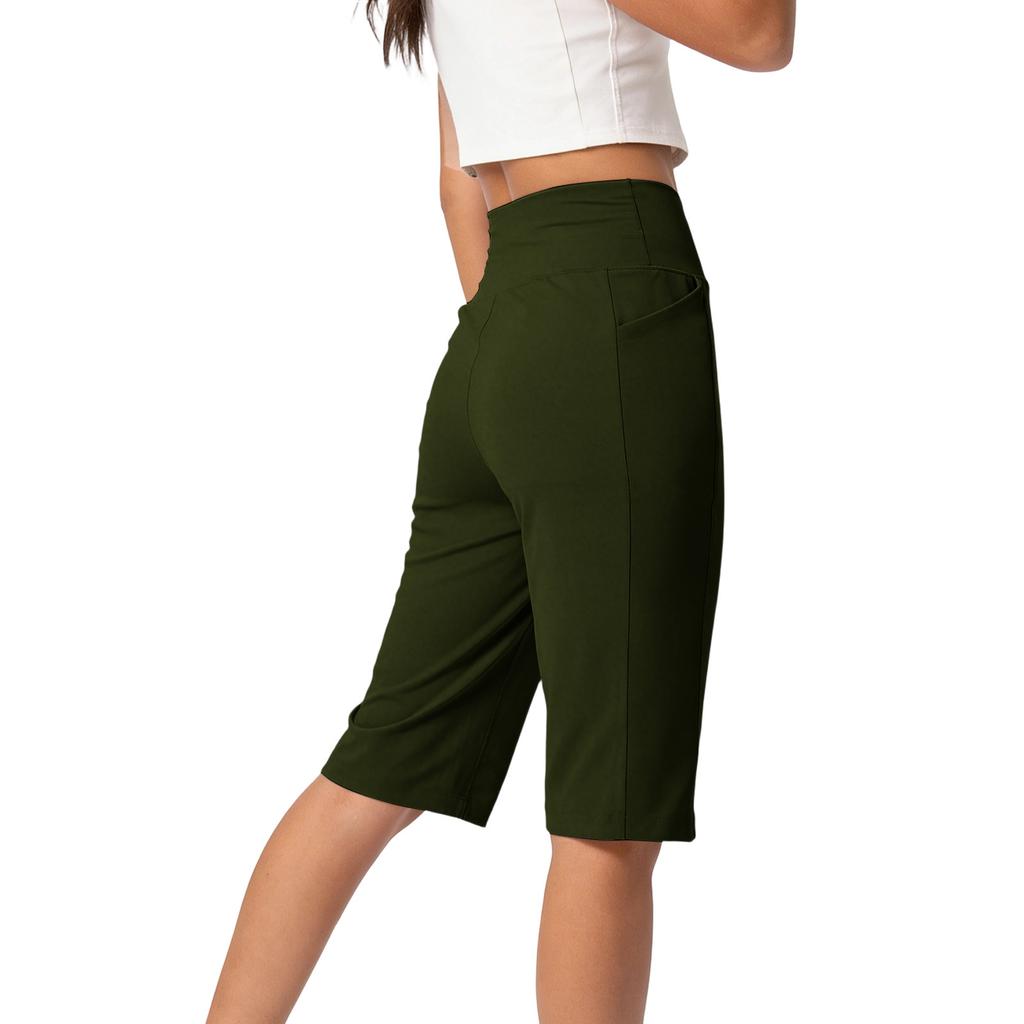 Women's Fashion Solid Color Pocket Fitness Yoga Bermuda Shorts Casual Five Point Pants with High Waist Stretch Fabric