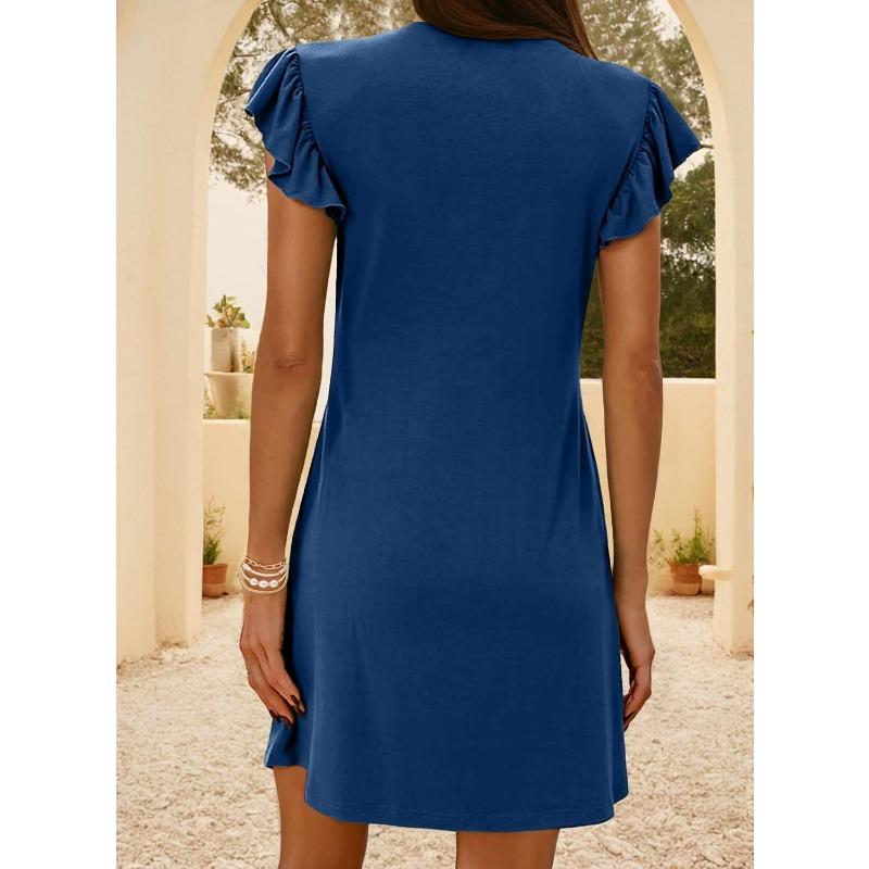 Women V Neck Flutter Sleeve Pleated Solid Color Flowy Long Dress