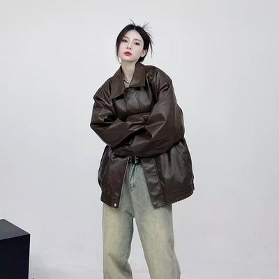 PU Artificial Leather Jacket Woman Solid Color Hip-hop Jacket Top Motorcycle Style Faux Leather Jacket for Women