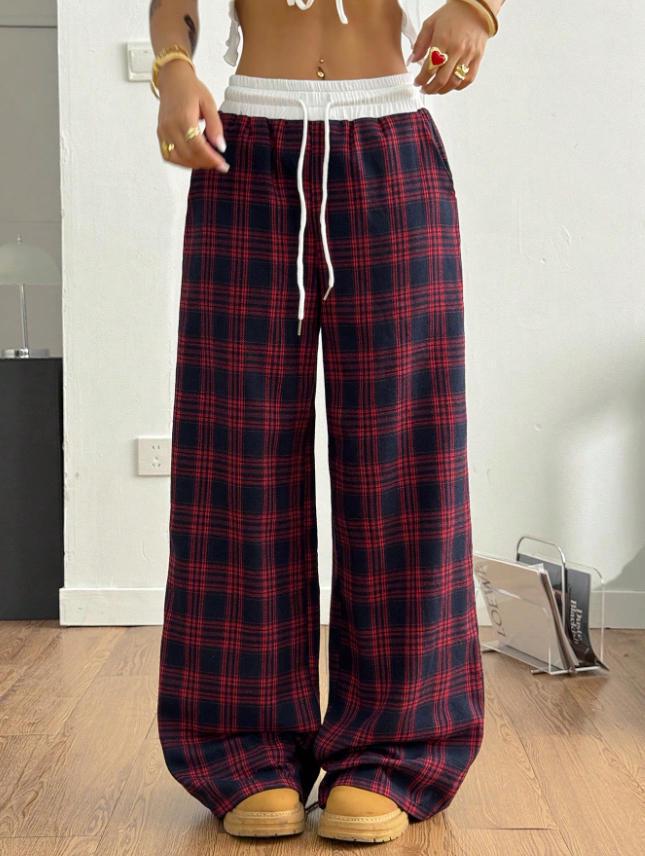 Retro Karo Bodenlange Weitbeinige Hose: Elastischer Bund, Vielseitig, Bequem, Gerades Bein, Lässiger Stil