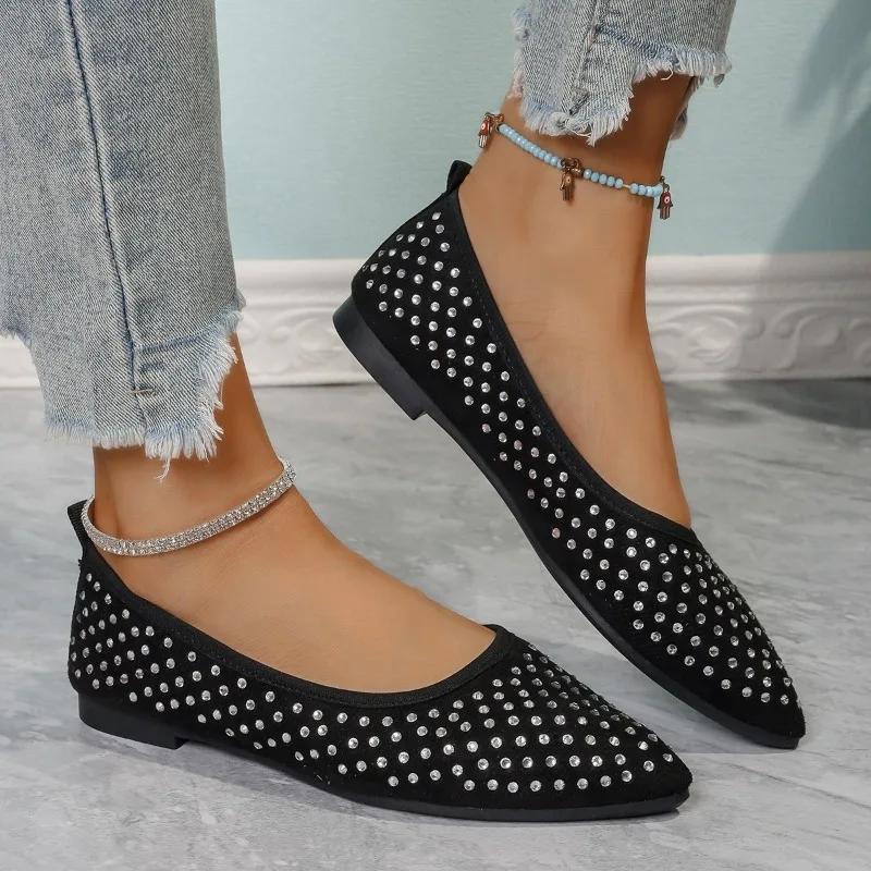 Women's Flat Shoes Autumn New Pointed Head Shallow Mouth Rhinestone Soft Sole Anti-slip Wear-resistant Single Shoes