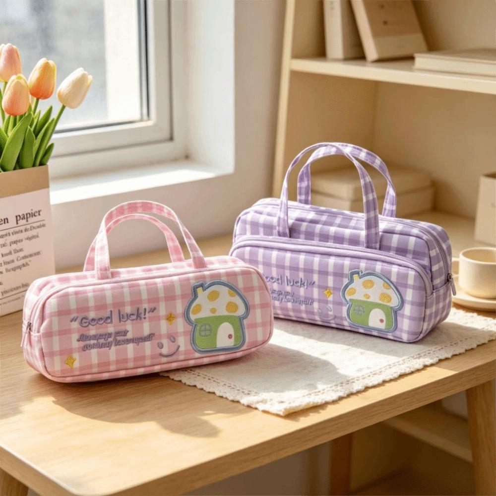 Plaid Pattern Pencil Case Double Layer Stationery Holder Durable Stationery Bag Girls