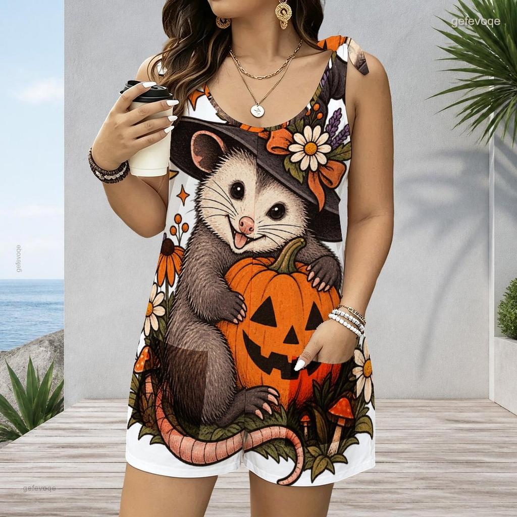 Women Plus Size Crew Neck Tank Romper Sunflower Floral Print Jumpsuit Shorts