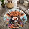 Highland Cattle and Coffee Cups Flannel-printed Round Floor Mats Are Slip-resistant Suitable Living Room Terrace Garden Carpets