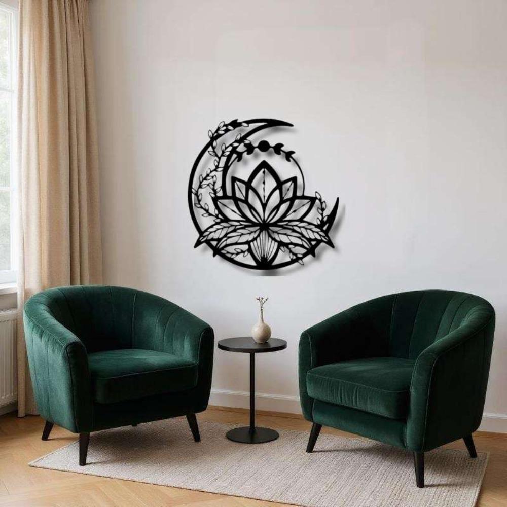 Wrought Iron Lotus Moon Wall Art Modern Minimalist Home Decor Living Room Bedroom Outdoor Patio Easy Install Housewarming Wedding Gift
