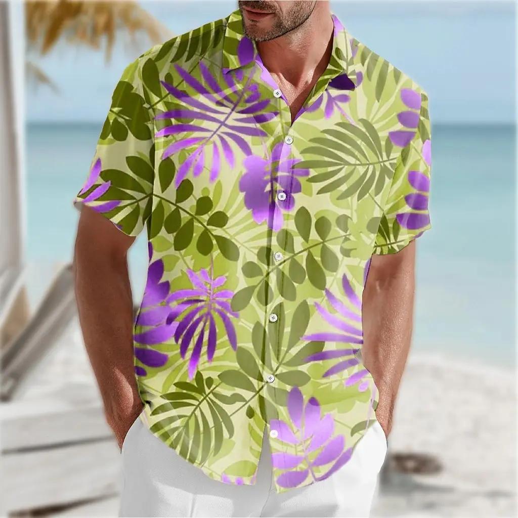 Summer Men's Short Sleeved Hawaiian Beach Shirt 100% Polyester Fiber Men's Vacation Casual Shirt Top