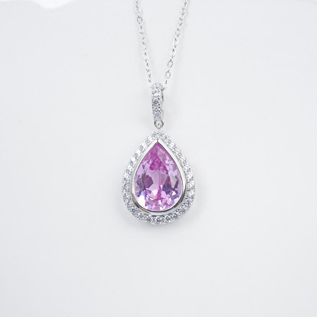 S925 Sterling Silver Pear-shaped Pink Gem Necklace for Women - Elegant Pendant for Formal, Daily, or Birthday Wear