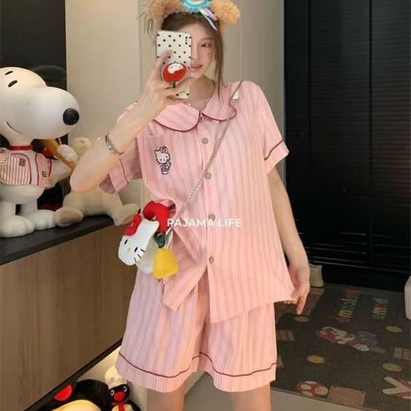 

Pink sweet Kitty cat pajamas women s summer short-sleeved shorts ins style suit beautiful girl can wear loungewear s [recommended weight 35-40kg]