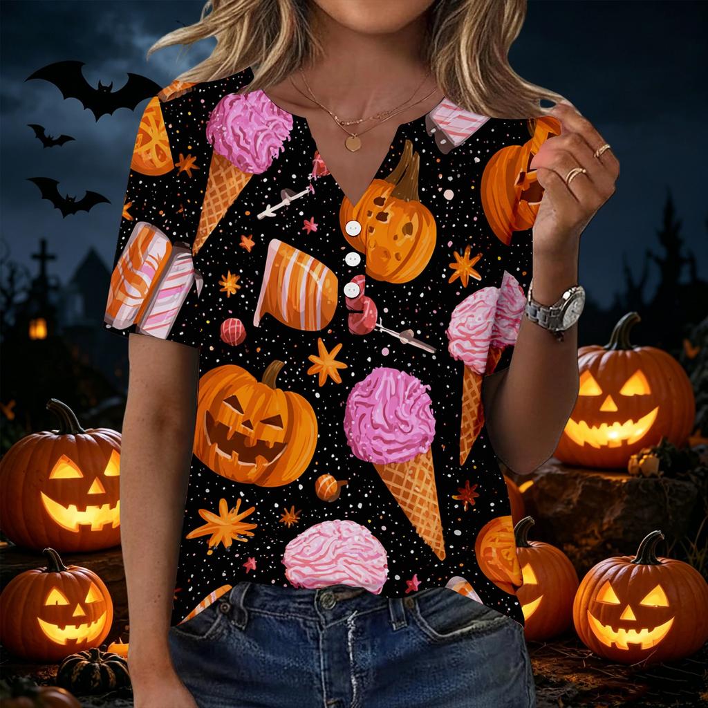 Women Casual V Neck Short Sleeve Button T Shirt Halloween Print Top Lightweight Comfortable Fit