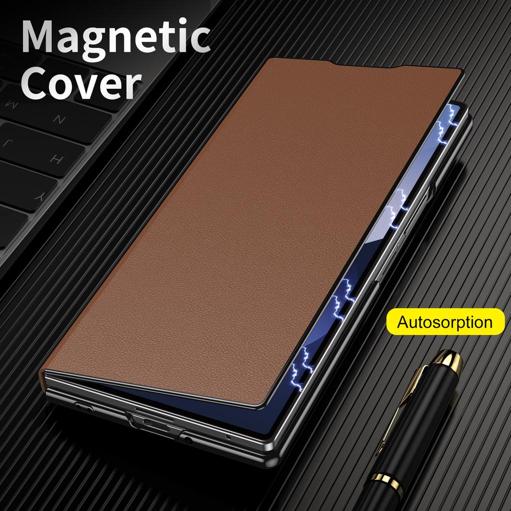 PU Leather Magnetic Flip Book Phone Case With Metal Kickstand Holder For Galaxy Z Fold 7 Z Fold 6 Z Fold 5 Z Fold 4