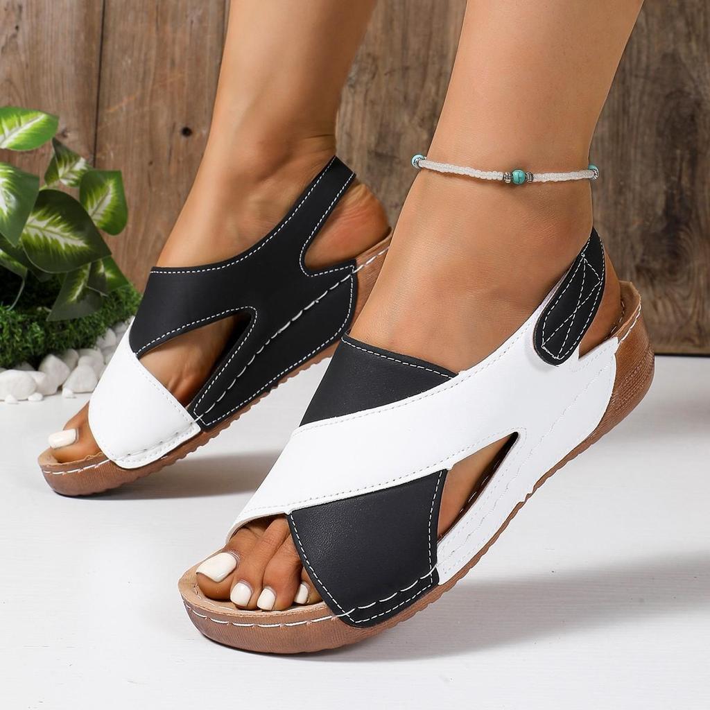 Sandali da donna con zeppa a contrasto e tacco alto, scarpe casual a punta aperta con suola spessa, comodi sandali con cinturino alla caviglia