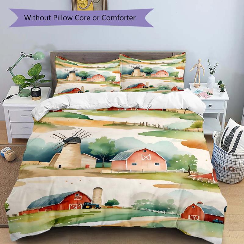 3pcs Serene Countryside Illustration Printed Quilt Set, Includes 1 Quilt Cover and 2 Pillowcases