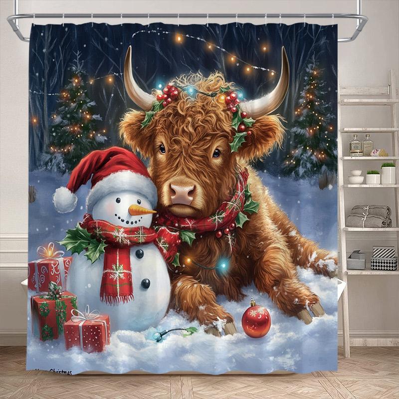 Christmas Highland Cow Shower Curtain Winter Cedar Snowy Xmas Gifts Farm Animal New Year Home Bathroom Curtains Decor With Hooks