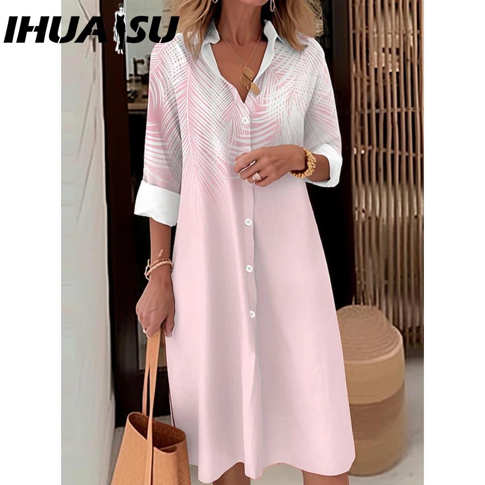 

IHUASU Женская мода весна осень цветной блок принт длинный рукав воротник поло свободная талия повседневные платья XXXXXL