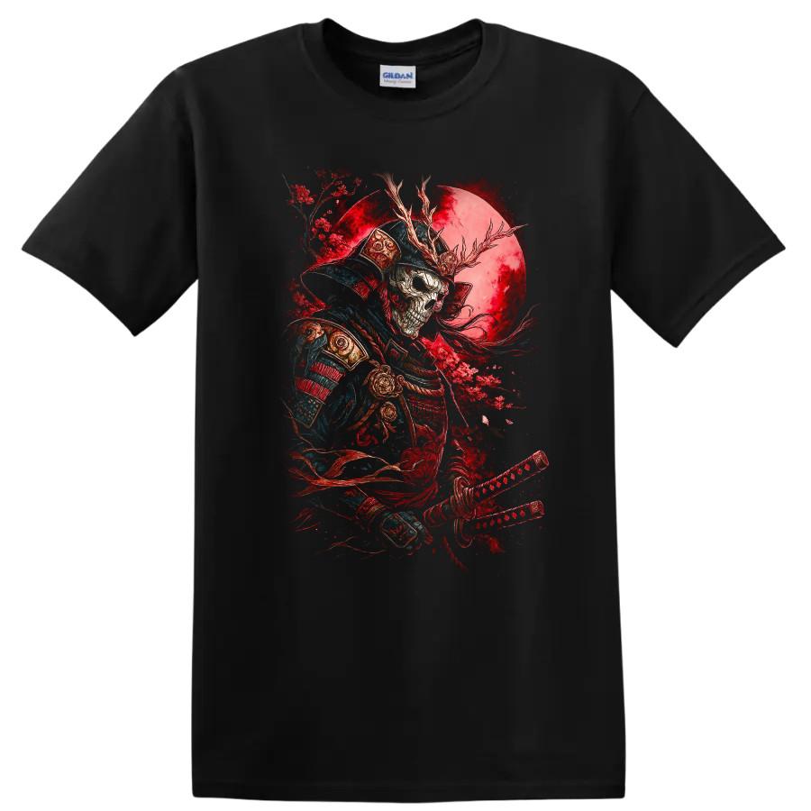 Samurai Skull Graphic T Shirt Red Moon Japanese Style Tee Art Design