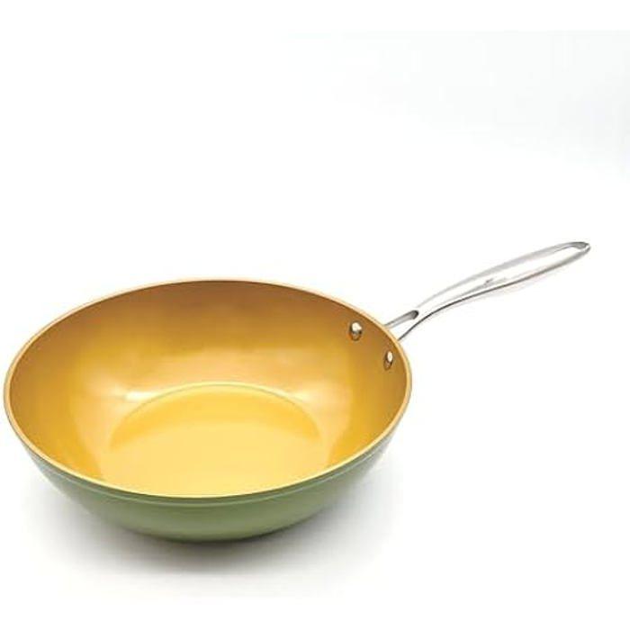 Wok - AMERCOOK - AmVegan Chef 28cm - Céramique Antiadhésif à l'Huile d'Olive - 100% Vegan - Induction & Four